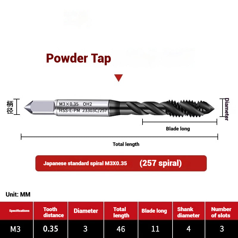 1101-OST High Speed Steel Powder Tap Japanese Standard Apex Screw Point Spiral Powder Metallurgy Tapping Coated Tap Shandong Denso Pricision Tools Co.,Ltd.